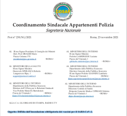 Il Coordinamento Appartenenti Polizia Diffida il Governo dall'Obbligo del Siero. Diffida Cosap 250x227