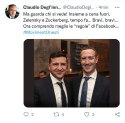 Facebook Blocca Korazym. Troppo Pacifista, non Guerrafondaio, Quel Blog. Zuckemberg Zelensky 250x245