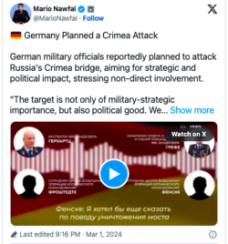 Germania. Generali Discutono Attacco al Ponte di Crimea. Audio Confermato, ZeroHedge. Schermata 2024 03 03 Alle 10.22.21 250x268