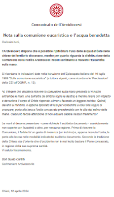 Gravissimo Abuso di Mons. Forte, a Chieti. Comunione solo sulla Mano. Perché? La Legge è Diversa... Nota Diocesi Chieti Divieto Comunione Bocca