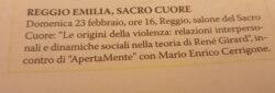2025 02 23 16.00 Reggio Emilia Mario Enrico Cerrignone Le Origini Della Violenza In Rene Girard 250x85