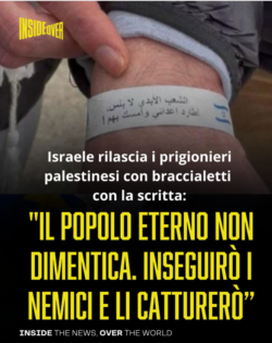 Ostaggi Israeliani Smagriti, Palestinesi Torturati. La Narrazione Imperiale Parla solo dei Primi. Caitlin Johnstone. Scritta Bracciali Prigionieri Palestinesi 250x315