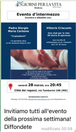 Eventi, Inziative, Inconri. Roma, Emilia, e Appuntamenti Online. Il Grande Inganno: Frajese e Guerra. 2025 03 28 20.45 Modena Padre Giorgio Maria Carbone E Vittoria Criscuolo 40 Giorni Per La Vita 250x434